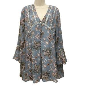 Entro Blue Floral Boho Tunic M Crochet Trim Bell Sleeve Button Front Boutique